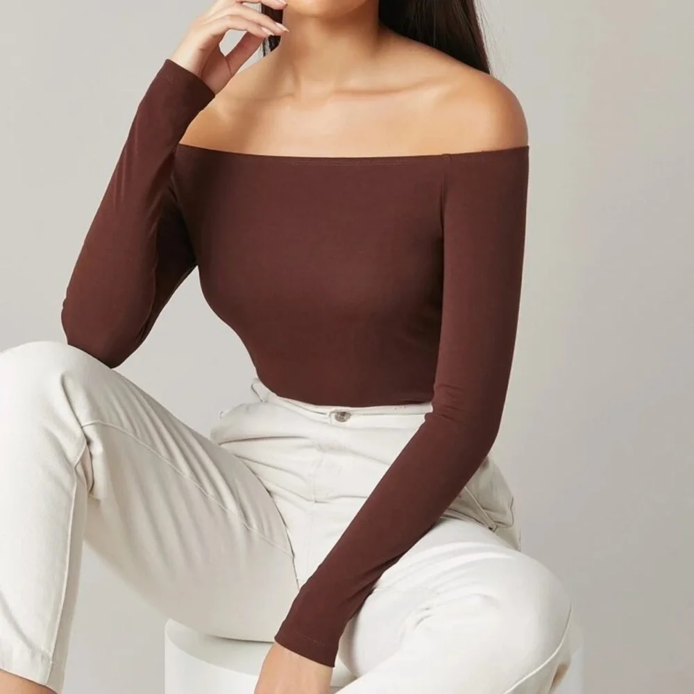 S 90s off the shoulder long sleeve crop top white - Picture 11 of 12
